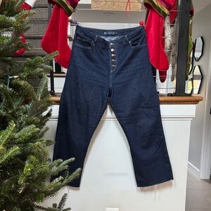 Boden Exposed Button Fly Dark Blue Kick Flare Raw Hem Jeans